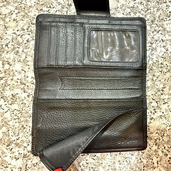 Brighton Vintage Leather Croc Embossed Bi-Fold Checkbook Wallet Brown/Black - Picture 5 of 10